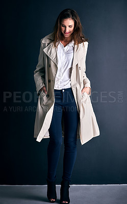 Buy stock photo Fashion, happy and business woman on wall background with trendy clothes, stylish coat and outfit. Office, professional style and person with confidence, pride and smile for career, working and job
