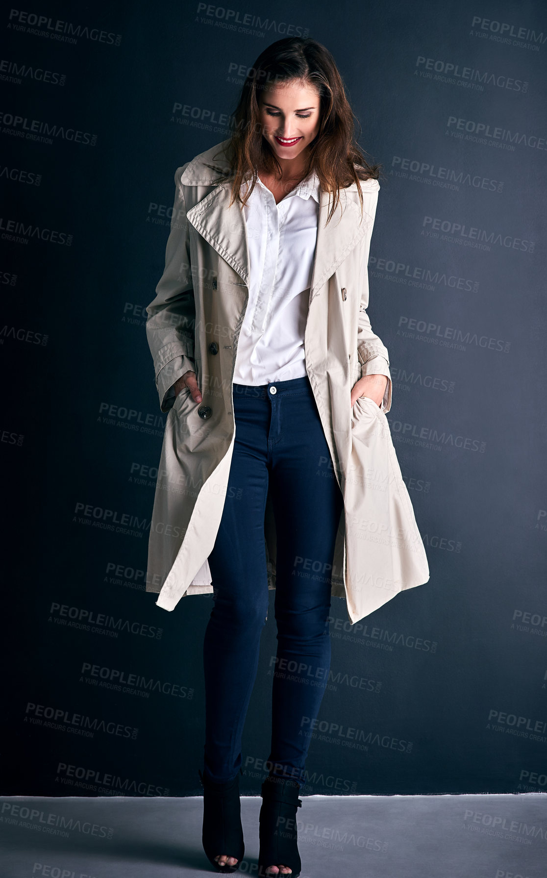 Buy stock photo Fashion, happy and business woman on wall background with trendy clothes, stylish coat and outfit. Office, professional style and person with confidence, pride and smile for career, working and job