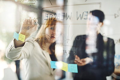 Buy stock photo Hands of business people, teamwork and glass writing on for schedule notes, mindmap and planning goals, agenda or project. Brainstorming, collaboration and workflow of ideas on window for new website