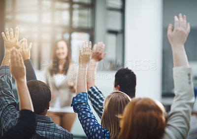 Buy stock photo Seminar, audience from back with hands up for questions and answers at training presentation or meeting. Feedback, opinion and ideas, group of people at conference, hand in air and talk at tradeshow.
