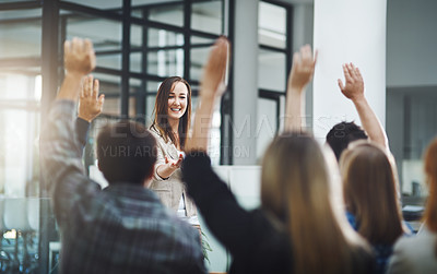 Buy stock photo Happy audience, questions and business people at seminar, presentation and workshop in office. Woman, speaker and asking feedback from crowd of employees with hands raised at conference of convention