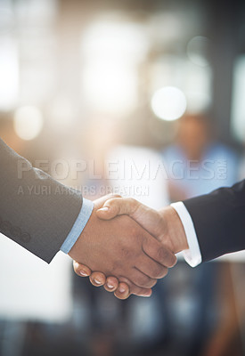 Buy stock photo Business people, handshake and closeup in office for partnership, introduction and team collaboration. Employees shaking hands in support, success and networking for opportunity, trust and thank you