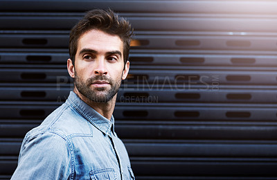 Buy stock photo City, face and man in fashion, thinking and outdoor in morning, ideas and planning to travel or explore. Wall background, tourist and person with confidence in trip, wondering and street of New York