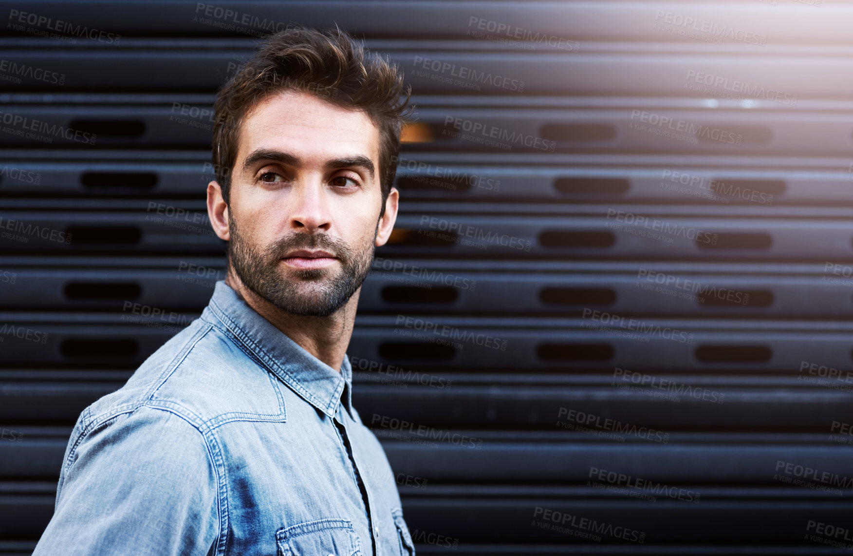 Buy stock photo City, face and man in fashion, thinking and outdoor in morning, ideas and planning to travel or explore. Wall background, tourist and person with confidence in trip, wondering and street of New York