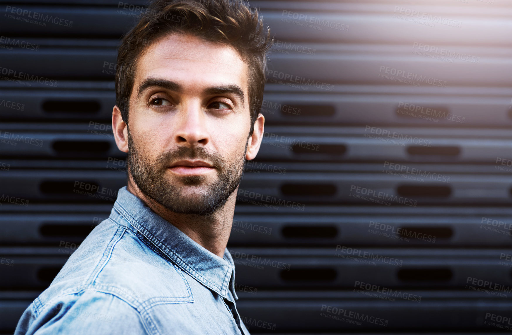 Buy stock photo Outdoor, serious and man in fashion, thinking and morning in city, ideas and planning to travel or explore. Wall background, tourist and person with confidence in trip, wondering and New York street