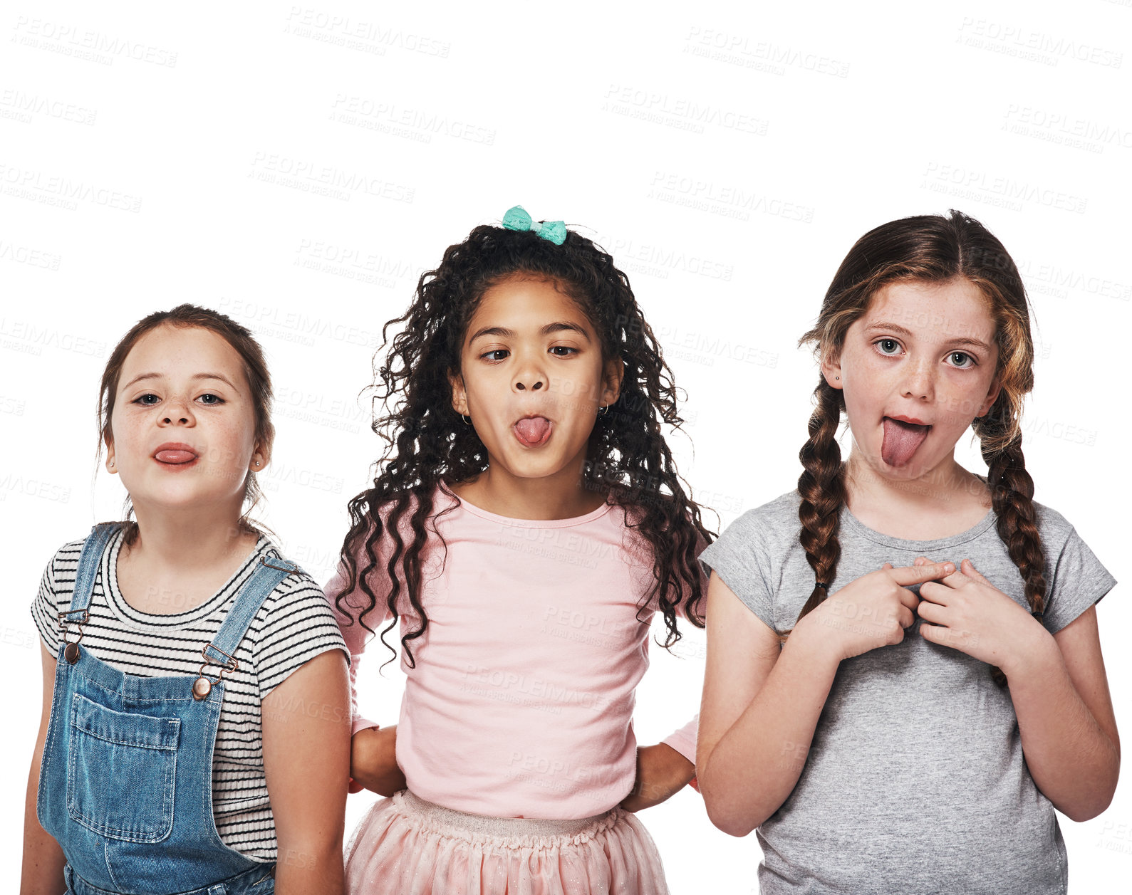 Buy stock photo Studio portrait of a group of three girls sticking out their tongues against a white background