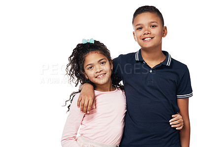 Buy stock photo Studio portrait of a happy boy and girl embracing one another against a white background