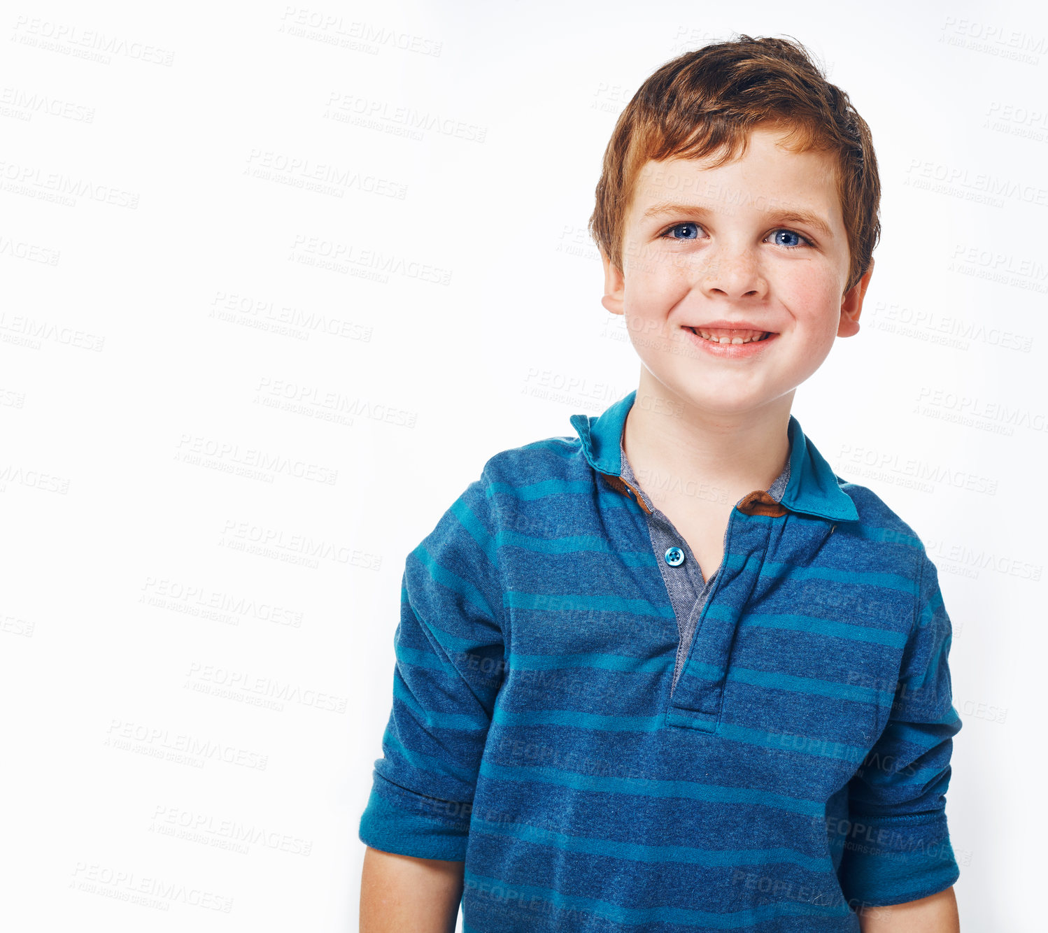 Buy stock photo Happy, smile and portrait of child on a white background with cheerful, joyful and excited expression. Fashion, childhood and isolated young boy with trendy, style and casual clothes in studio