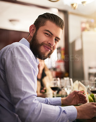 Buy stock photo Home, man and happy on portrait for dinner with food for thanksgiving celebration. Male person, smile and satisfied with meal on table for family reunion or gather with support, care and love