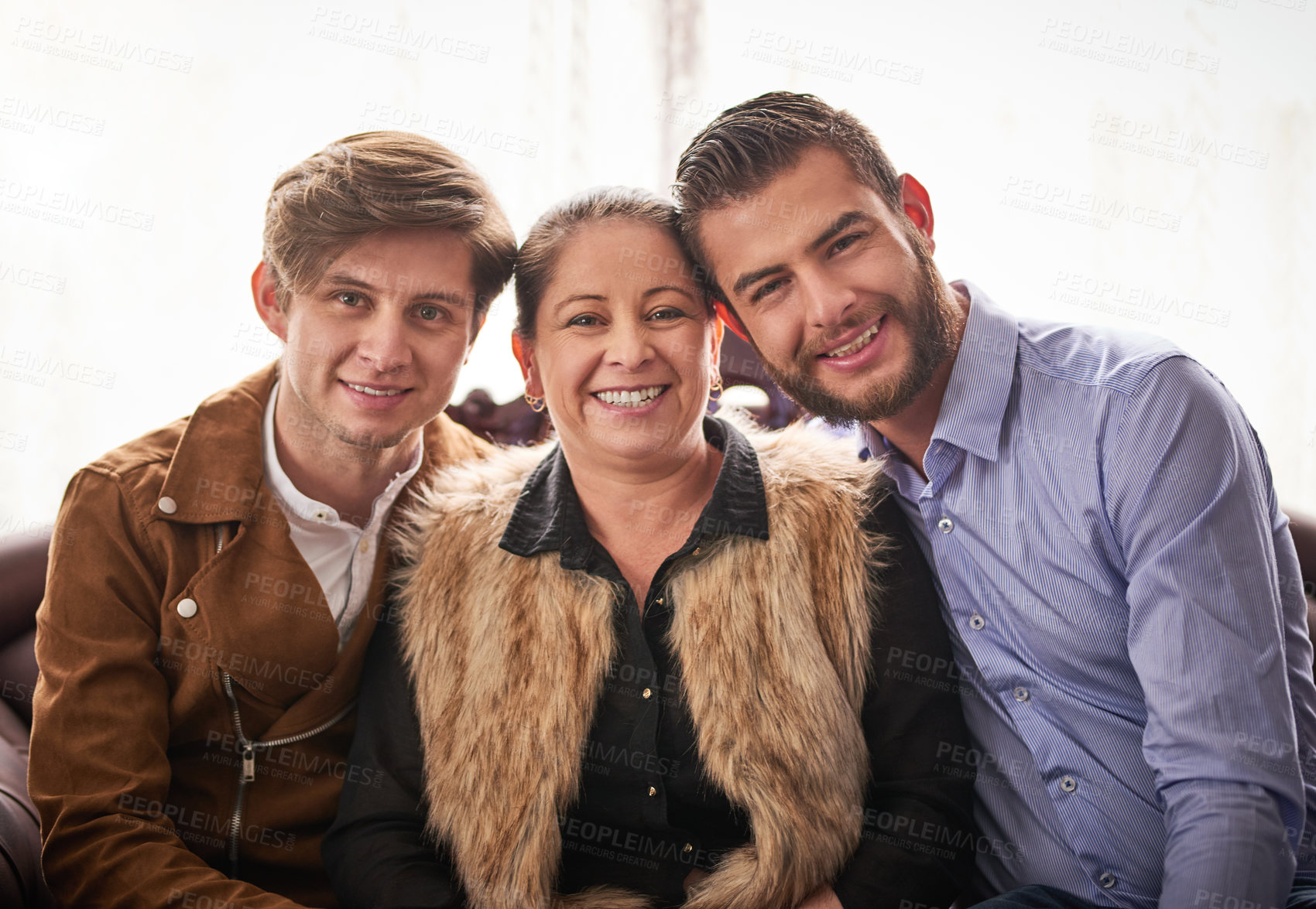 Buy stock photo Gay couple, mother and happy in home on portrait for love, support and care in France. People, parent and smile or satisfied on hug in confidence as lovers with bonding, queer romance and pride