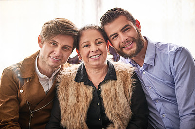 Buy stock photo Gay couple, man and smile with mother in home on portrait for love, support and care in France. People, parent and happy or satisfied on hug in confidence with bonding, queer romance and pride