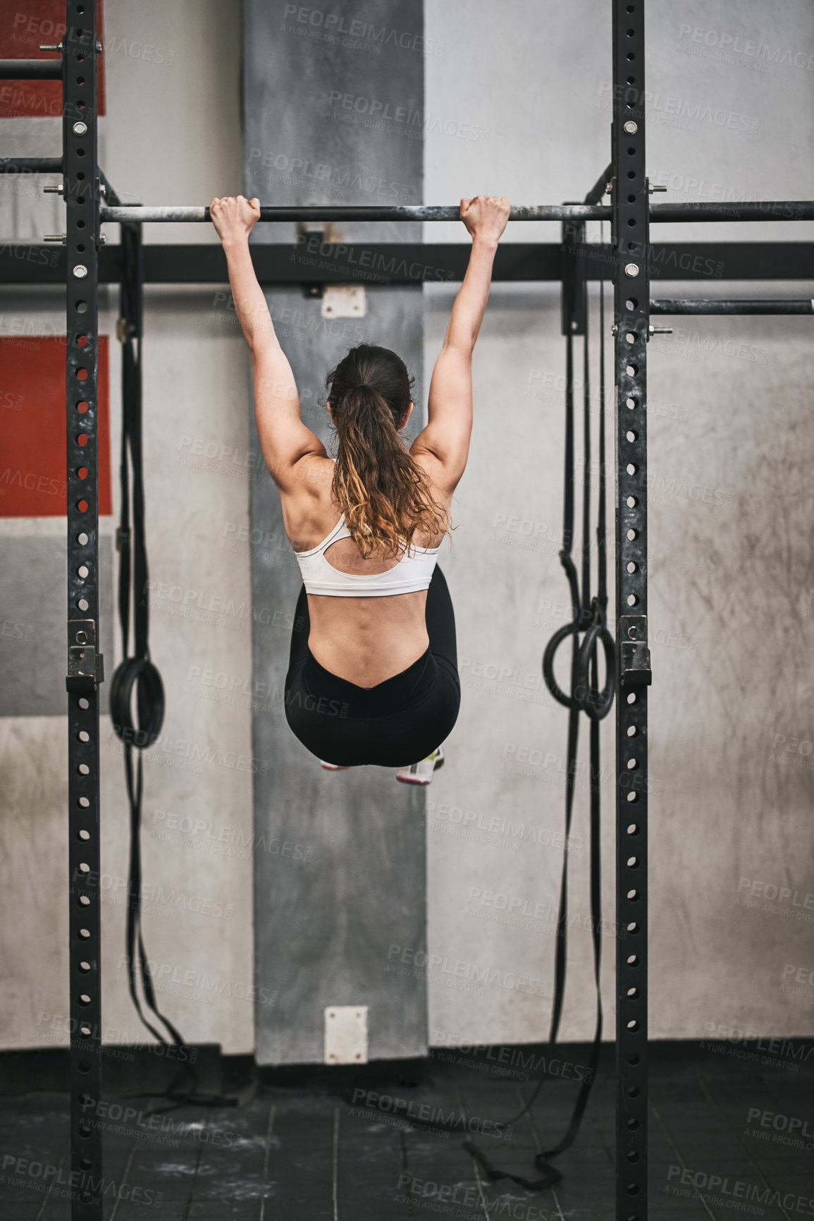 Buy stock photo Fitness, pull up and back of woman in gym for bodybuilding training, exercise and cardio workout. Sports, athlete and person with barbell equipment for wellness, muscle strength and performance