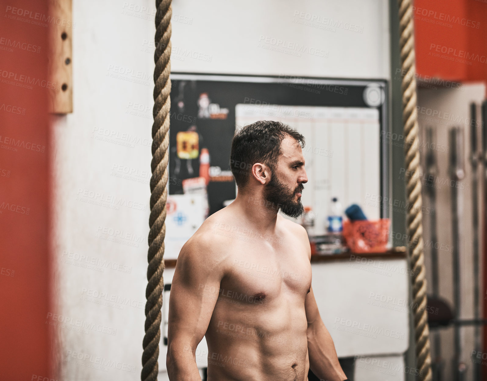 Buy stock photo Man, thinking and gym with rope, climbing and decision for workout, wellness and body transformation. Person, bodybuilder and ideas with fitness, breathing and training for progress at health club