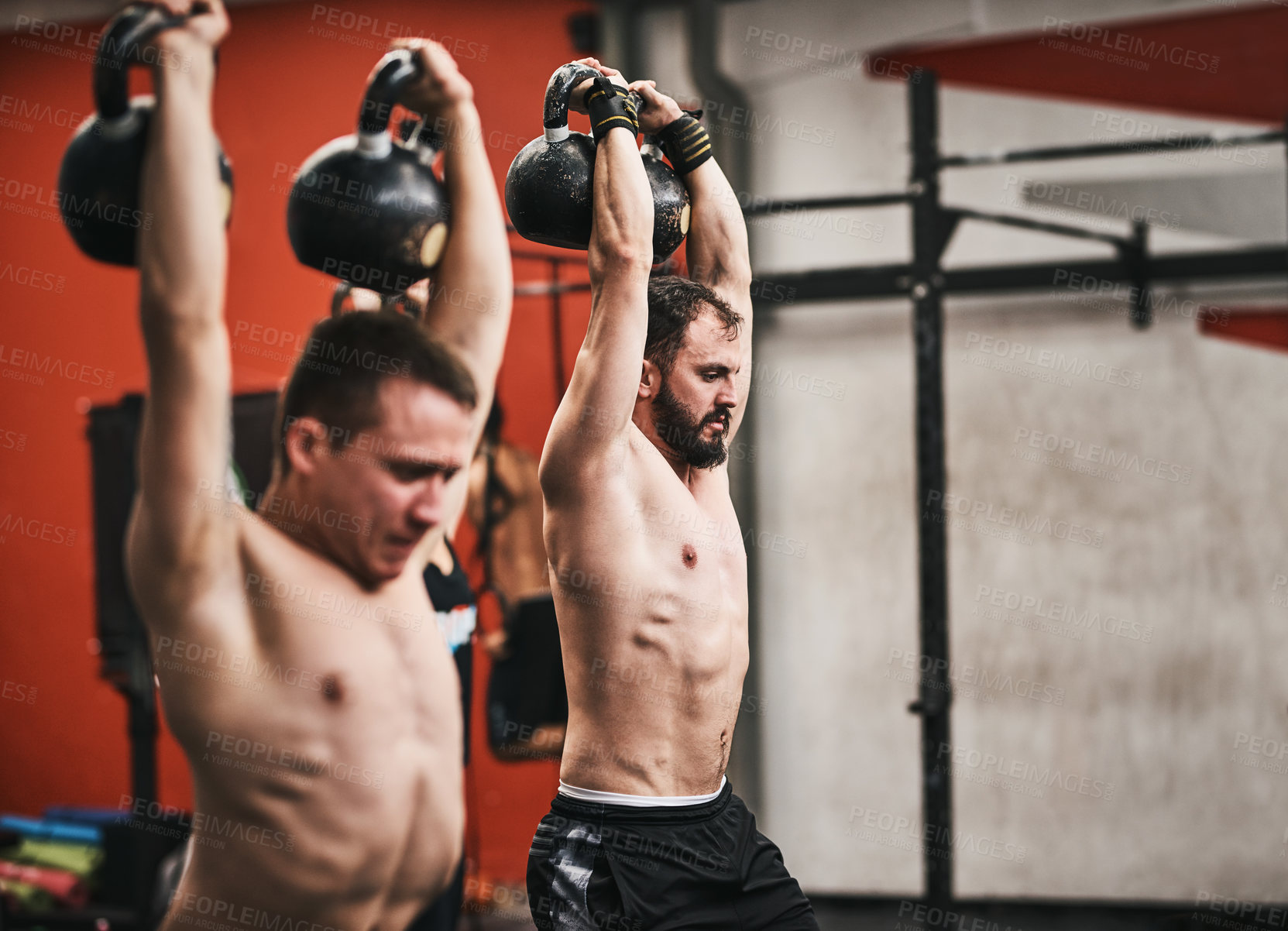 Buy stock photo Men, kettlebell and gym workout with bodybuilding, muscle and strong arm training at wellness studio. Weights, exercise and body builder class with fitness and wellbeing of athlete with gear 
