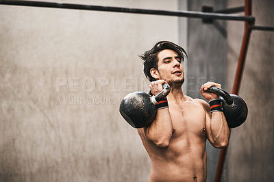 Buy stock photo Weights, kettlebell and man in gym for workout, bodybuilder training and intense exercise. Fitness, sports and person weightlifting for strength, muscles and strong arms for performance and health