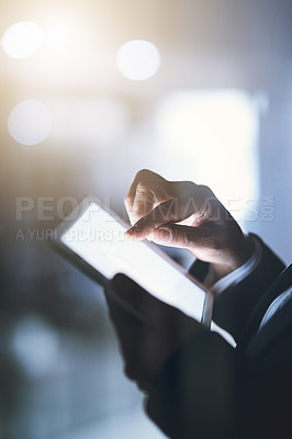 Buy stock photo Hands, tablet screen and night with mockup space, scroll and online in office or closeup. Business person, working late and tech for connection, internet and company as professional on website or app