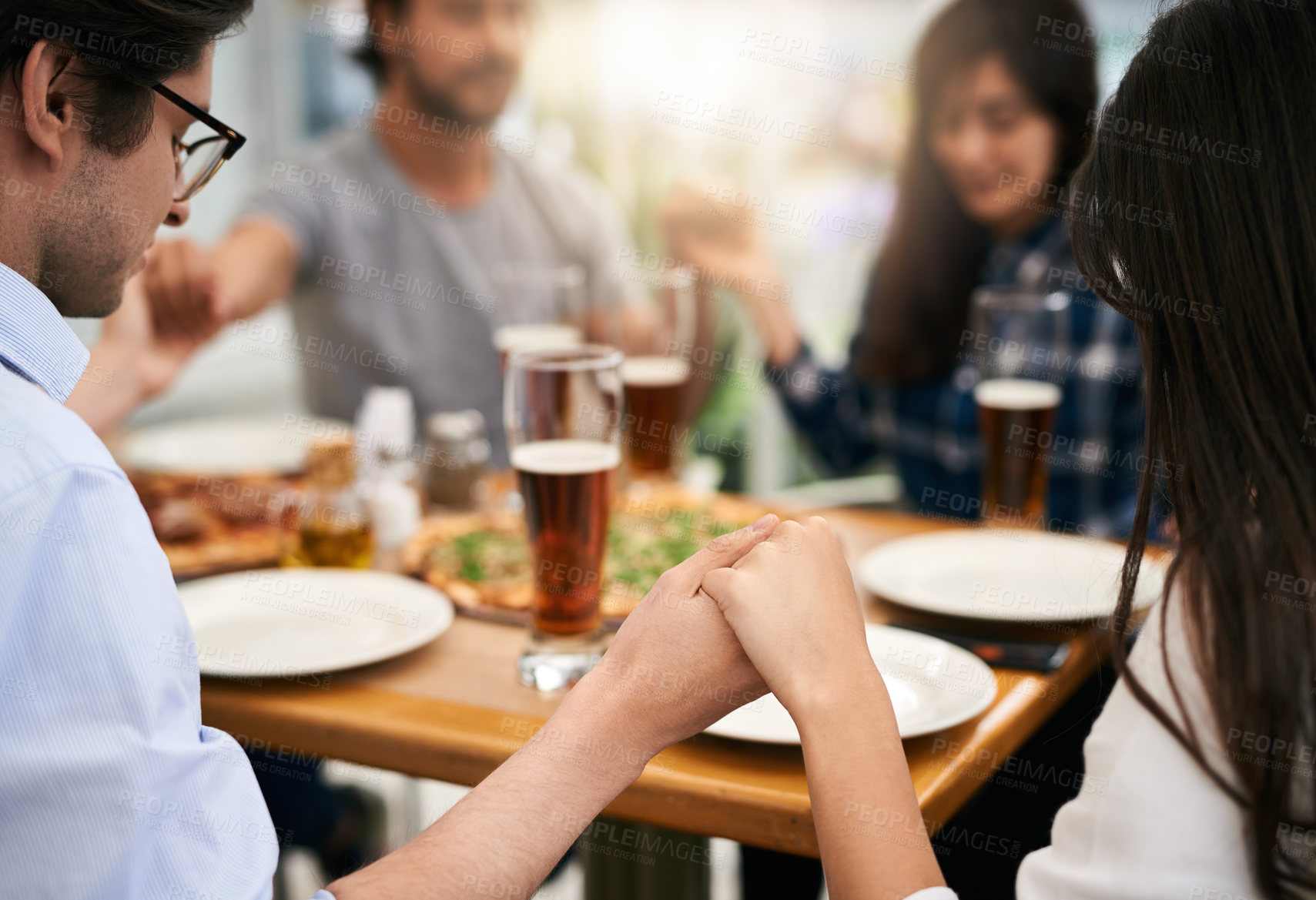 Buy stock photo Hands, praying and people with grace for food, lunch meal and gratitude with worship for christian. Friends, faith and spiritual connection for religion with thanks, grateful or drinks in restaurant