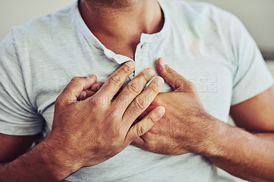 Buy stock photo Healthcare, heart attack and man with chest pain, sickness or cardiovascular disease at his home. Medical emergency, ill and closeup of a male person in cardiac arrest or inflammation at his house.