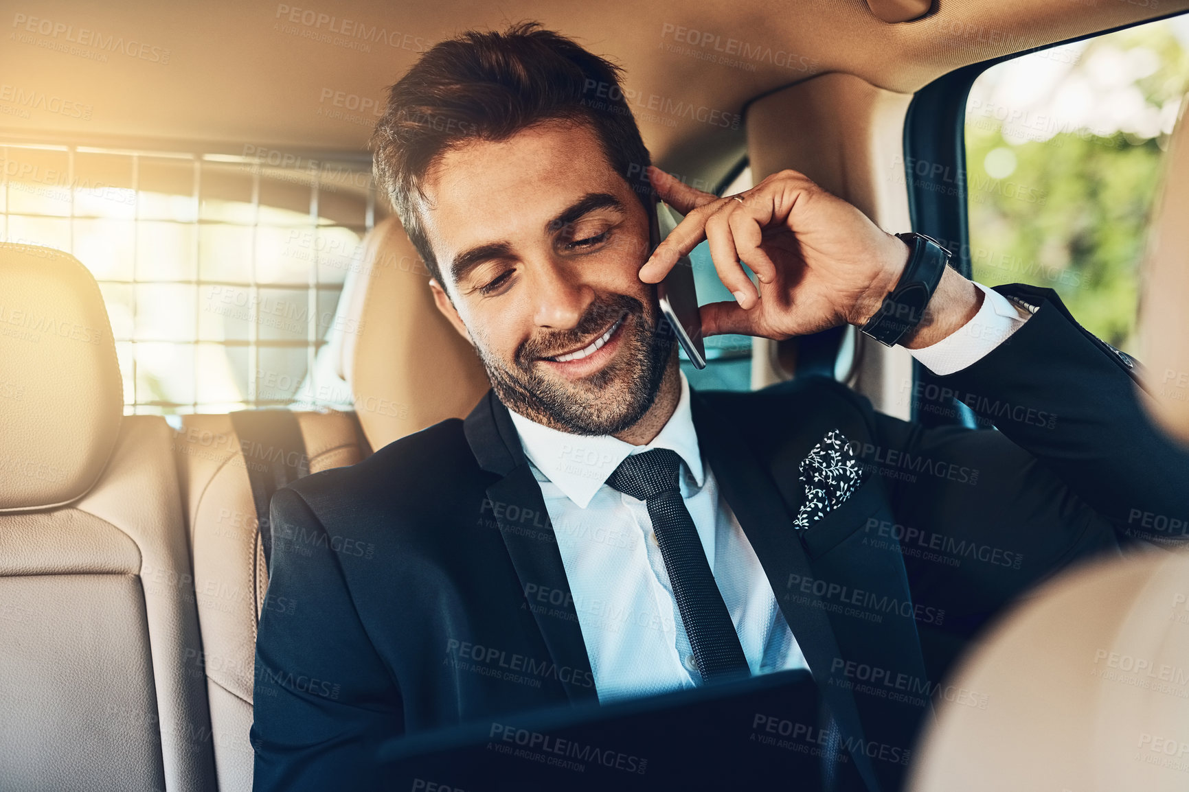 Buy stock photo Corporate, man and phone call in car for travel with communication, morning schedule or information. Professional, male lawyer and mobile with discussion, agenda and negotiation for transport traffic