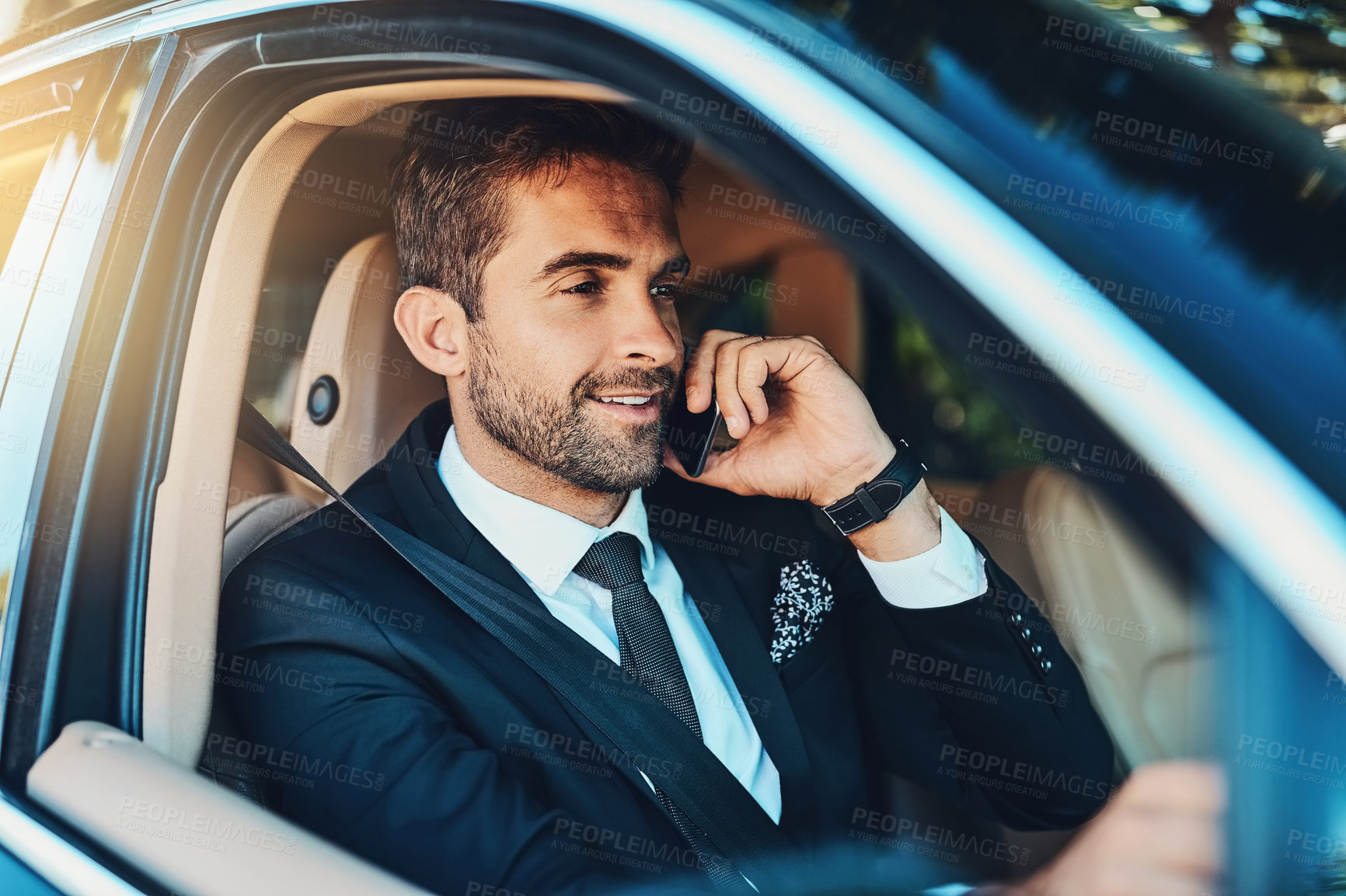 Buy stock photo Business, man and driving with phone call for travel of communication, corporate schedule and information. Professional, lawyer and mobile with discussion, agenda and negotiation of transport traffic