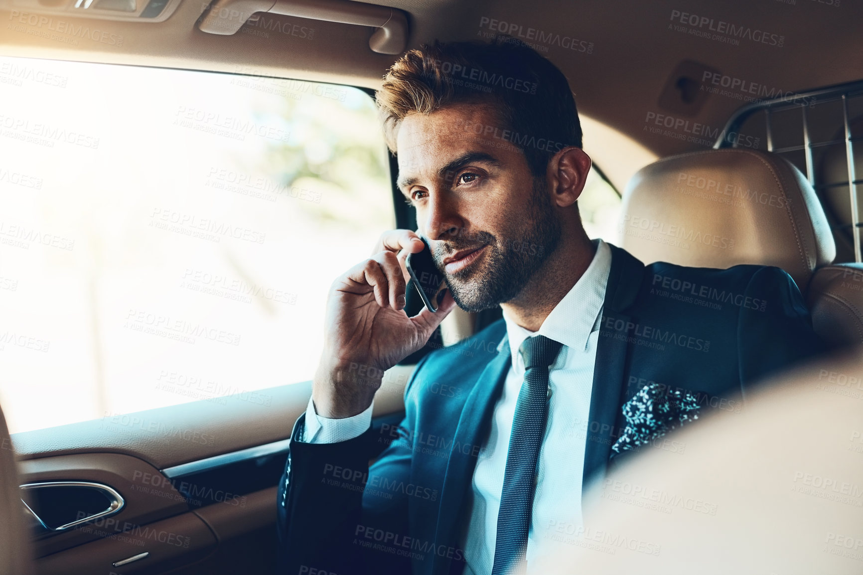 Buy stock photo Car, phone call and businessman in taxi for morning commute, trip or journey safety while chatting. Transport, smartphone and male passenger with online conversation, networking or chauffeur service