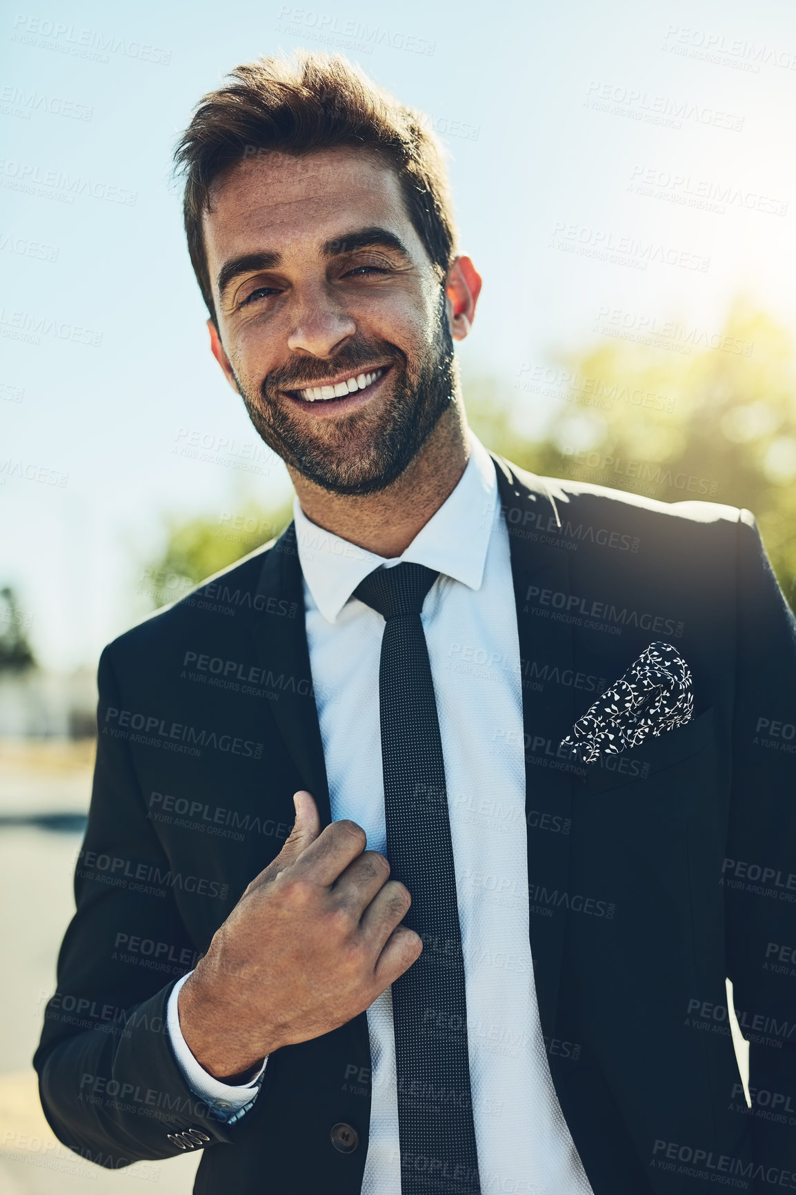 Buy stock photo Outside, man and groom with happiness on wedding day for marriage, commitment and love celebration. Portrait, male person and happy outdoor for anniversary ceremony as husband with trust and support