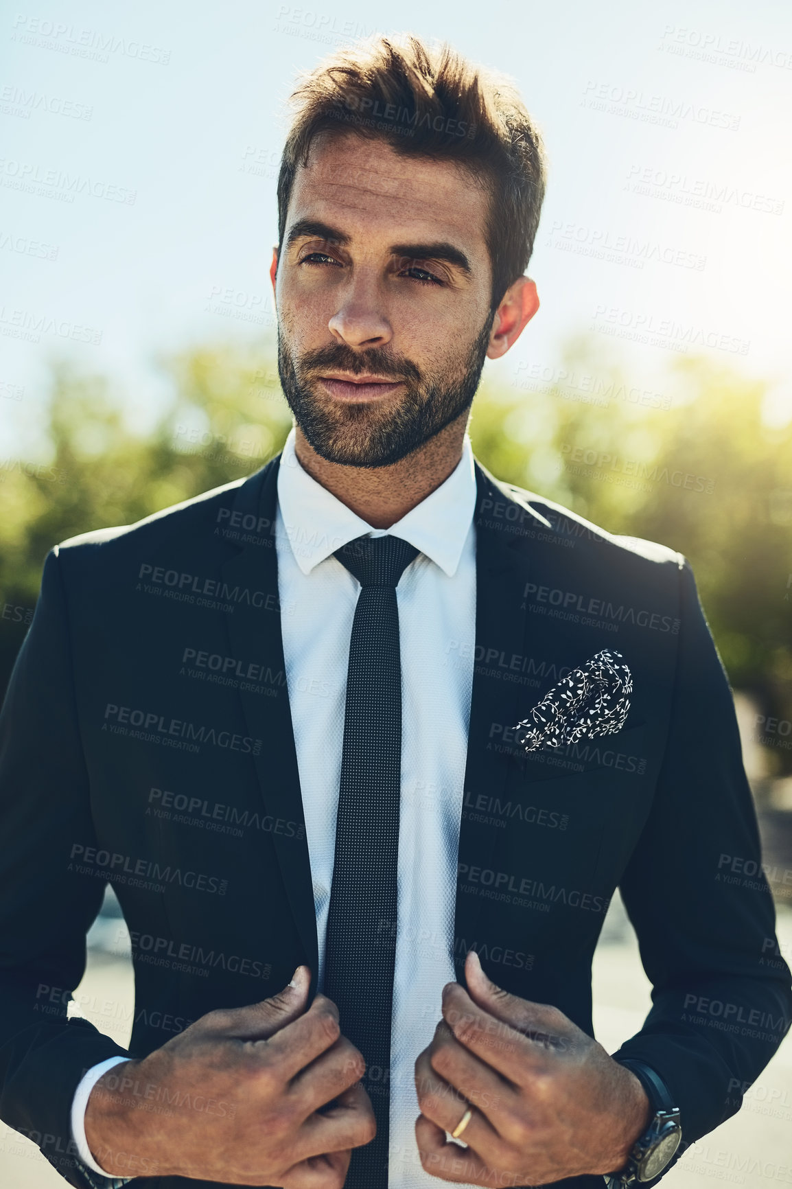 Buy stock photo Outside, man and groom with thinking on wedding day for marriage, commitment and love celebration. Fashion, male person and smile outdoor for anniversary ceremony as husband with style and outfit