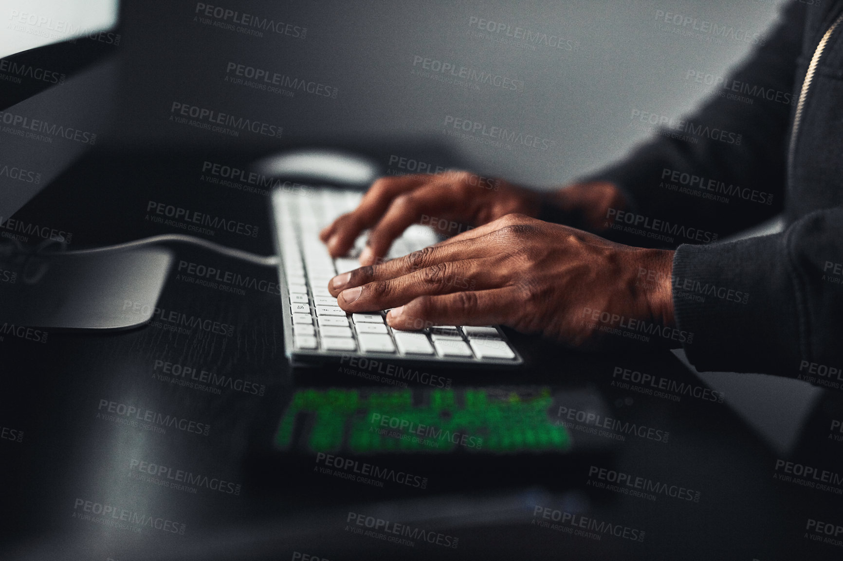 Buy stock photo Hands, hacker and typing on computer for coding, data breach or cyber attack at night. Keyboard, closeup or person writing or programming malware, virus or ransomware for spy stealing ai trade secret