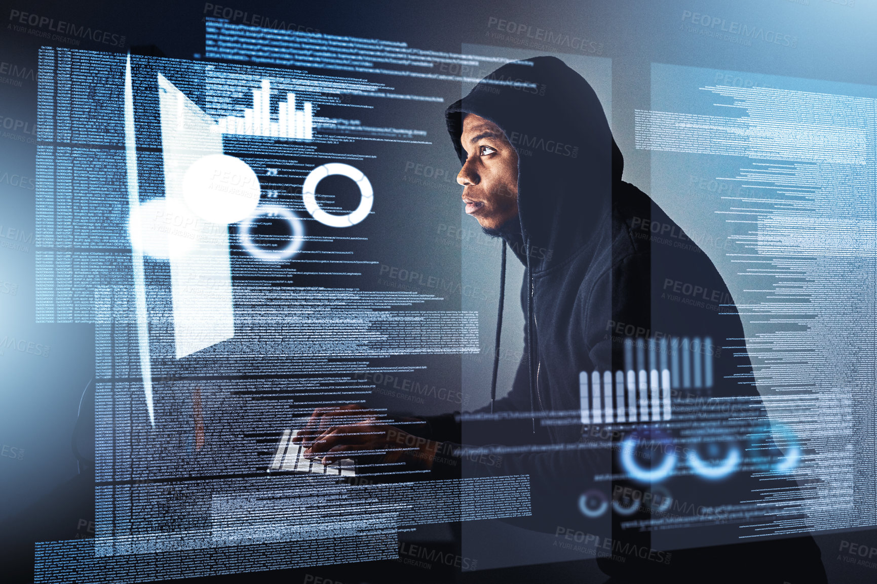 Buy stock photo Man, hacker and typing on computer for crime, data breach and cyber attack overlay. Keyboard, hacking and African person writing or coding malware, virus and ransomware for stealing ai trade secret