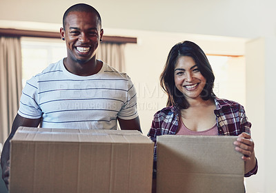 Buy stock photo Box, moving and portrait of happy couple in dream home for property, sale or relocation success. Real estate, mortgage and face of excited people in new house smile for loan, ownership or housing win