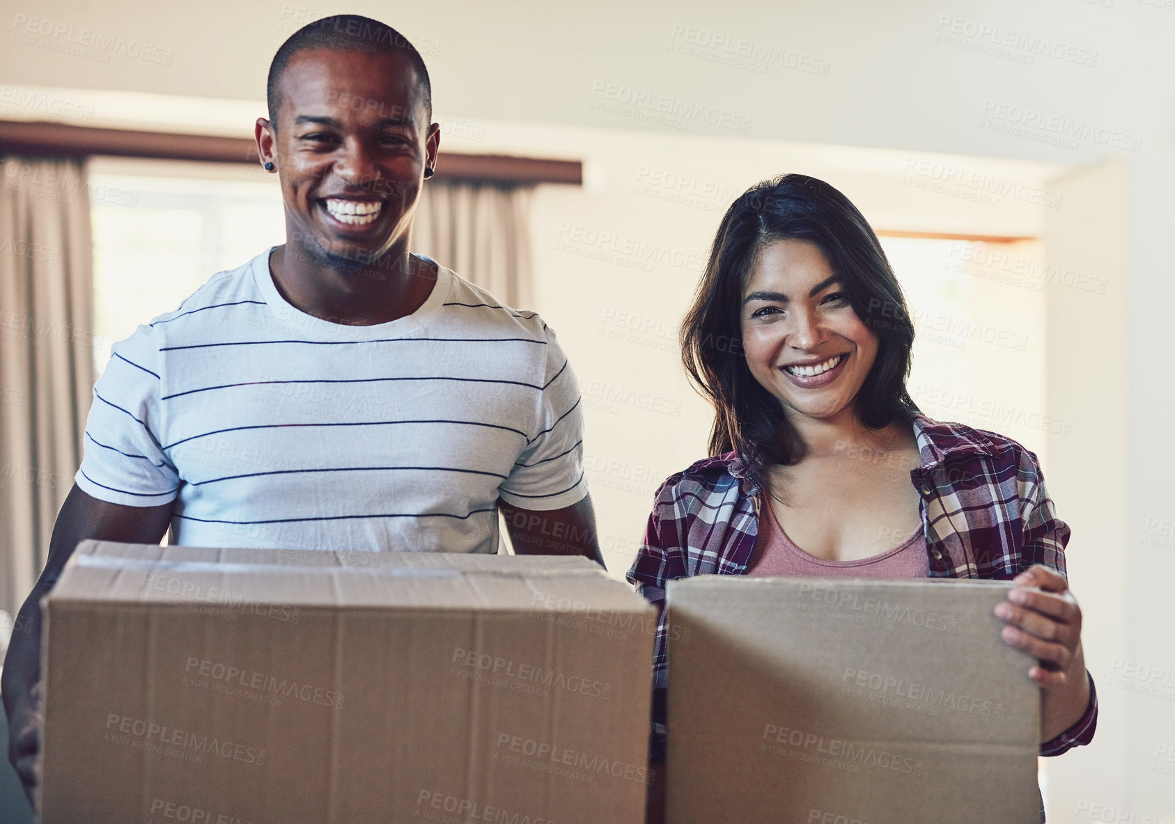 Buy stock photo Box, moving and portrait of happy couple in dream home for property, sale or relocation success. Real estate, mortgage and face of excited people in new house smile for loan, ownership or housing win