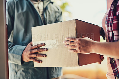 Buy stock photo Delivery, box or hands of woman with courier in home closeup for shipping, online shopping or cargo transport. Ecommerce, logistics or sale product zoom at front door for supply chain retail exchange