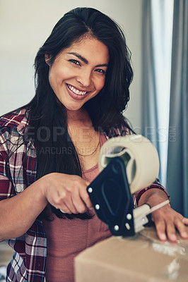 Buy stock photo Ecommerce, portrait or woman with box, tape or sale product for shipping, distribution or order. Logistics, online shopping or lady with container for retail stock, freight or small business cargo