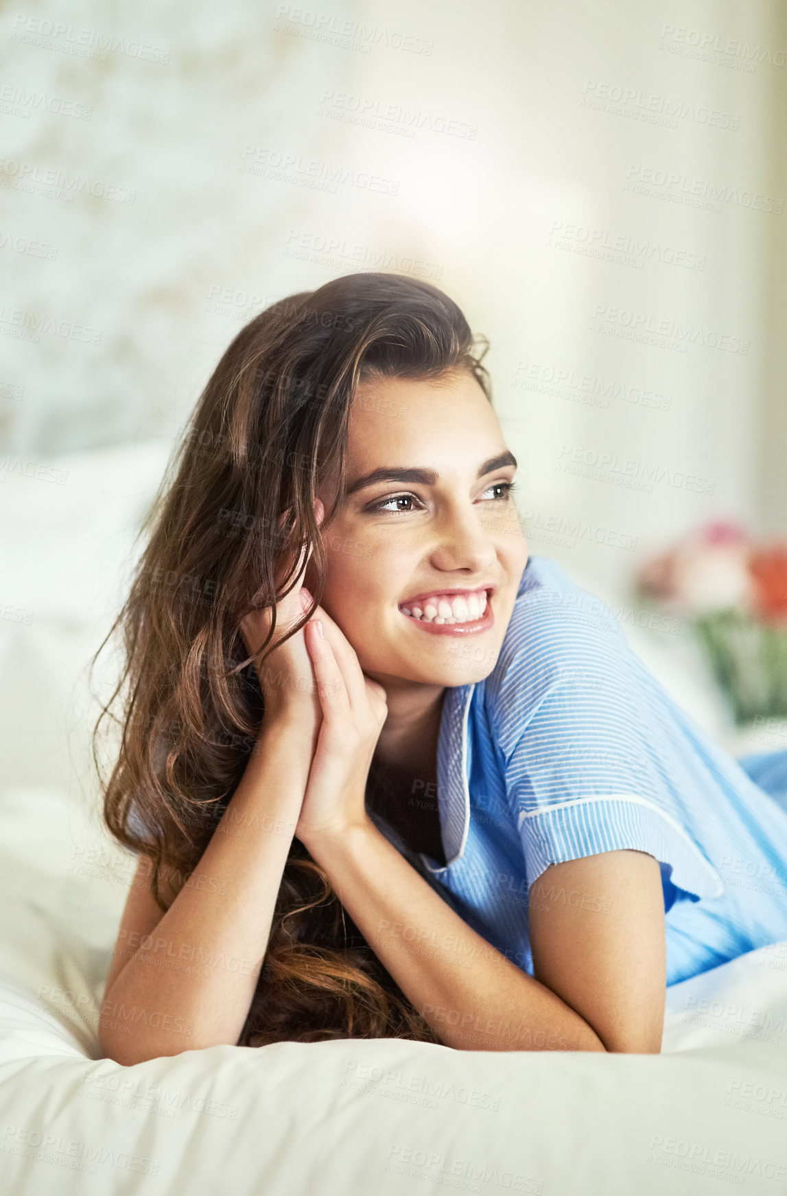 Buy stock photo Happy, relax and woman on bed in hotel for vacation, holiday or travel accommodation overseas. Smile, morning rest and female person in bedroom of lodge on international weekend trip or getaway.