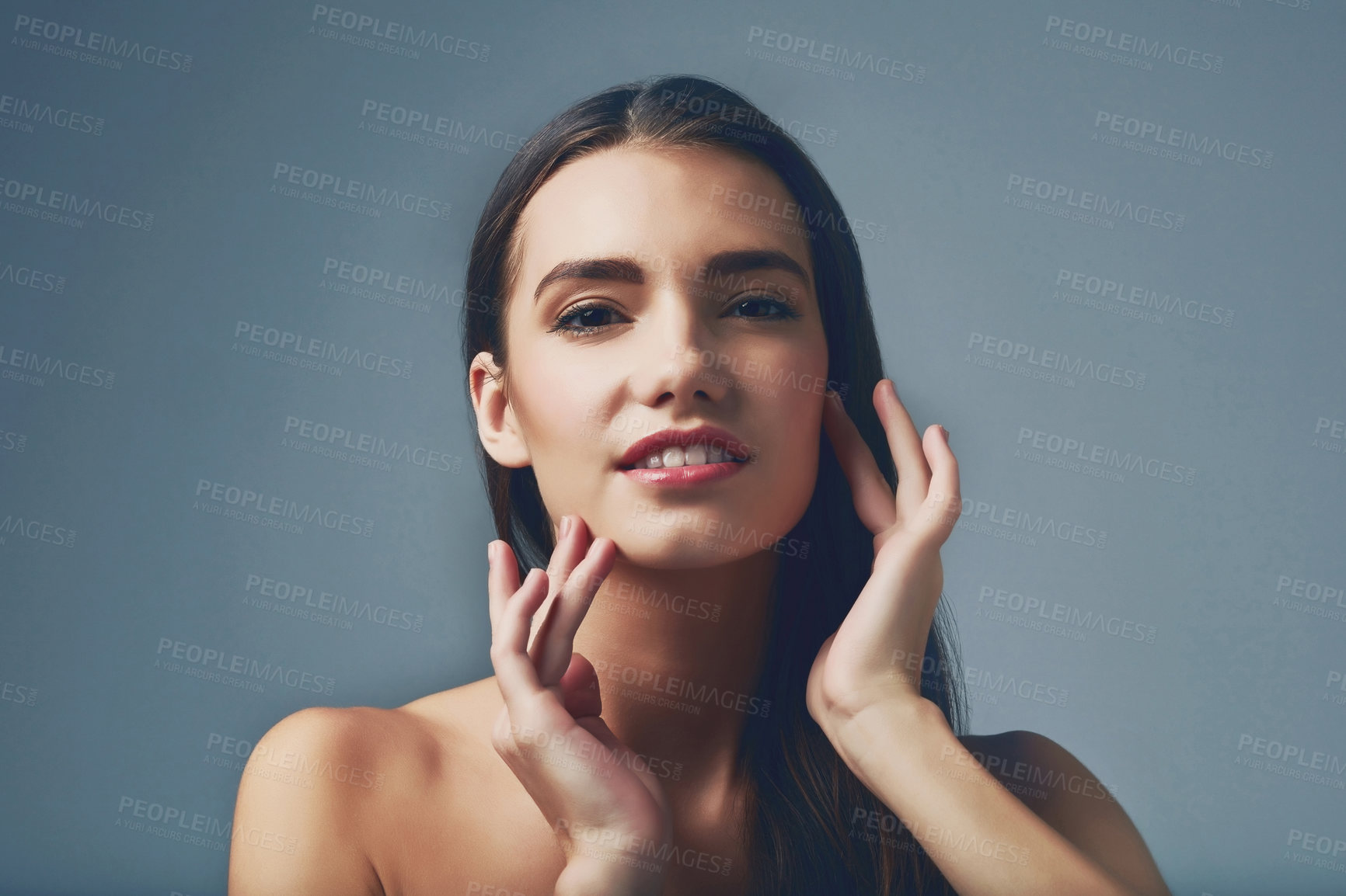 Buy stock photo Beauty, woman and portrait for skincare in studio on dark background with smooth face and natural glow. Flawless, confident model or proud girl with cosmetics, shine and transformation with results