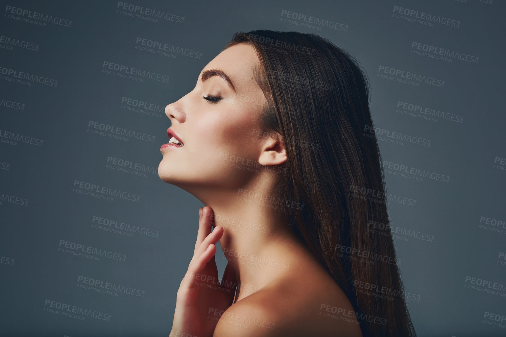 Buy stock photo Beauty, wellness or profile of woman for skincare on dark background for smooth face, flawless or natural glow. Facial, confident and model in studio with cosmetics, shine or transformation results