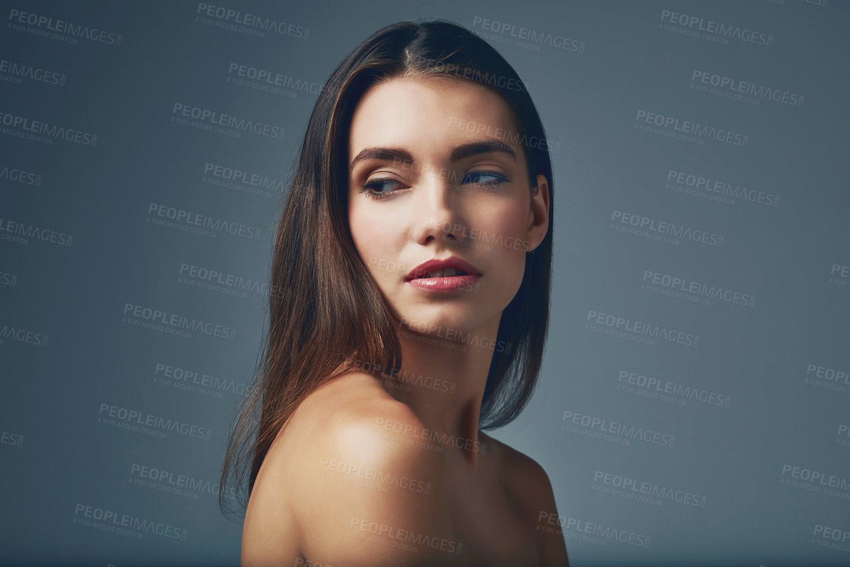 Buy stock photo Beauty, wellness and woman thinking of skincare in studio on dark background with smooth and natural glow. Ideas, confident model or proud girl with cosmetics, shine and transformation with results