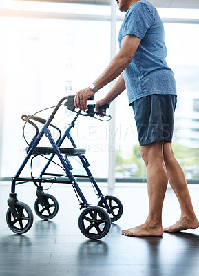 Buy stock photo Physiotherapy, senior man and walker for balance, elderly care or wellness for health or fitness. Pensioner, male person and rollator for support, walking and mobility in rehab clinic or consultation