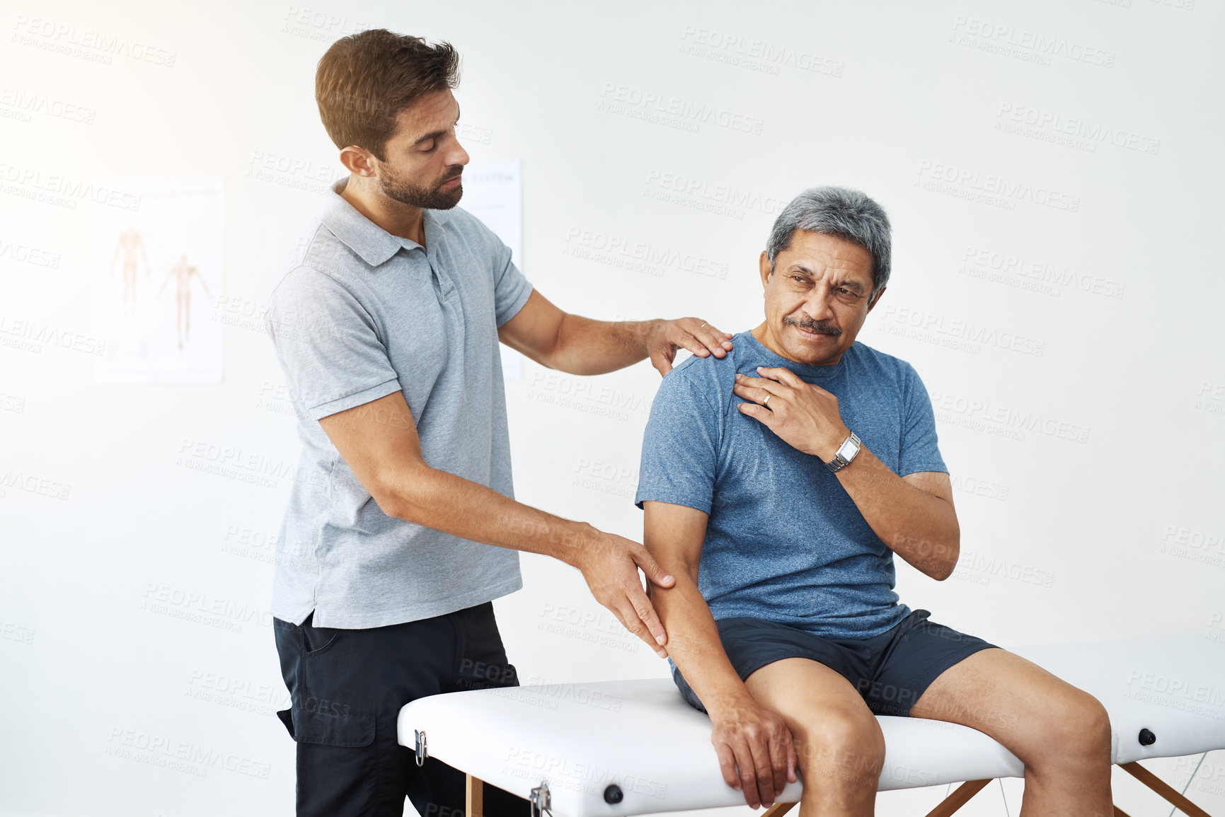 Buy stock photo Physiotherapy, senior man and neck pain for exercise, stretching or wellness for health or fitness. Pensioner, male people and medic for assessment, injury or support in rehab clinic or consultation