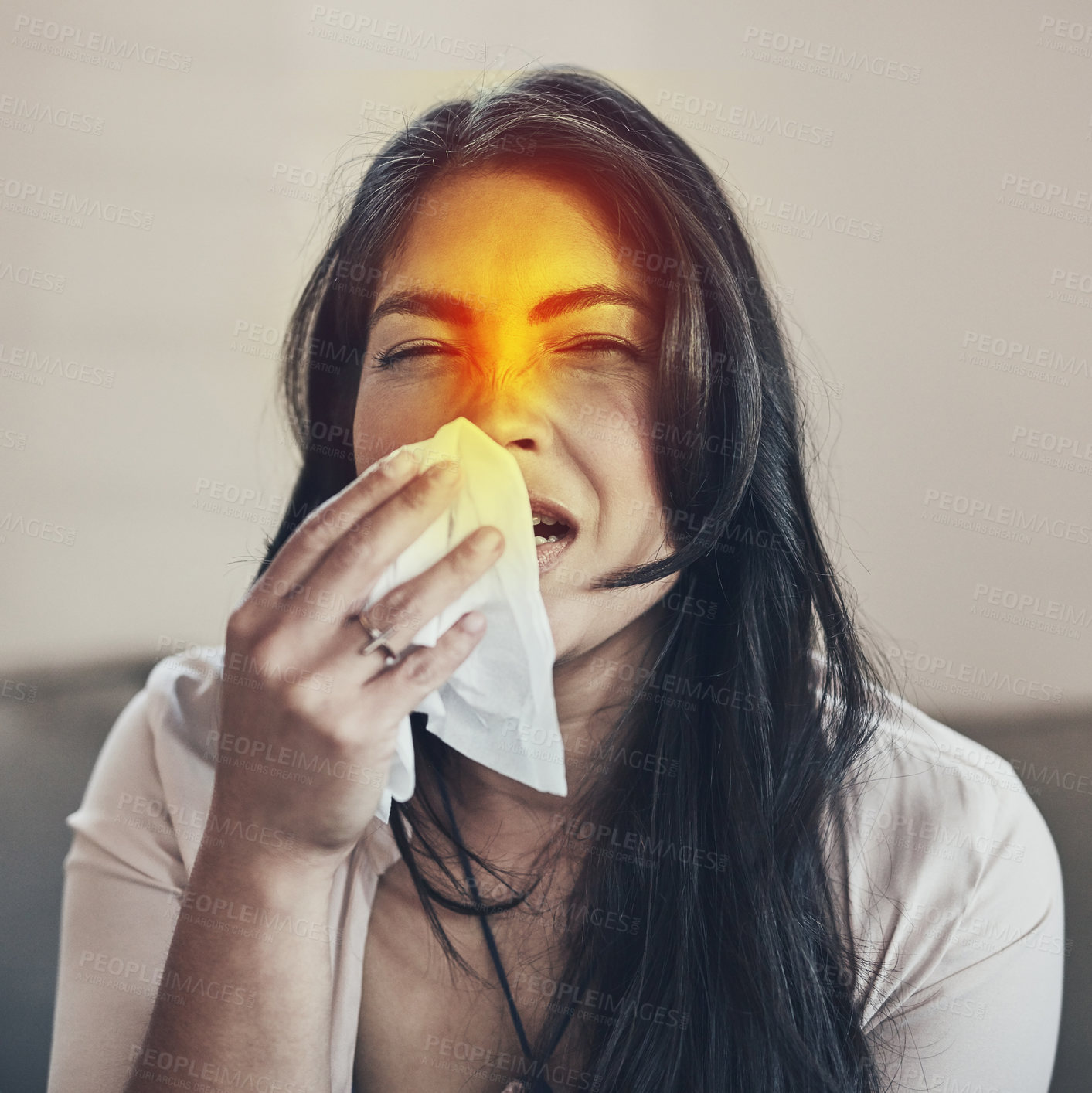 Buy stock photo Sick woman, sneezing and home for allergy, blowing nose and tissue in living room with glow, sinus or fever. Female person, congestion and illness as unhealthy reaction, season and flu virus symptoms