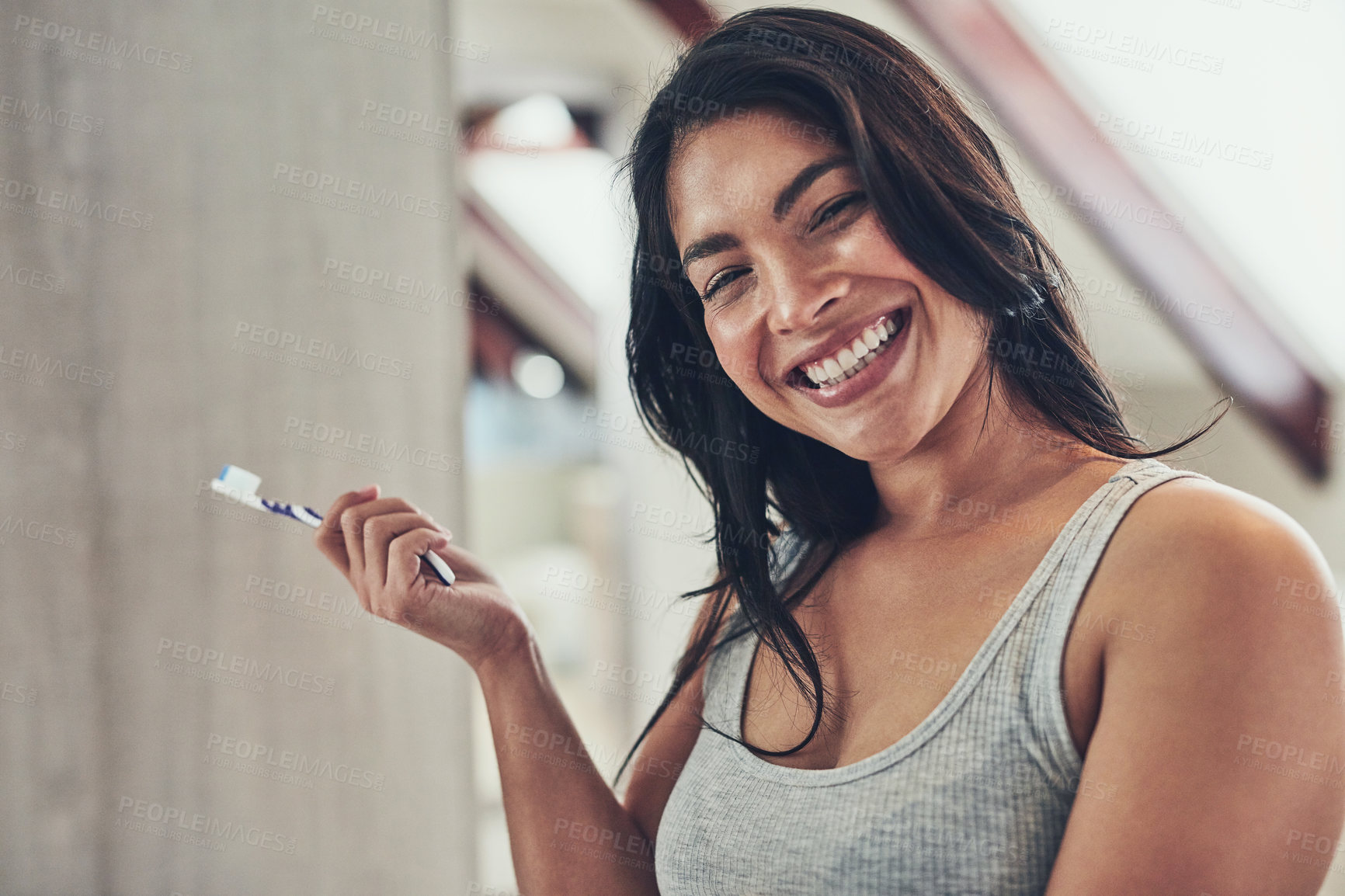 Buy stock photo Home, portrait or happy woman brushing teeth for smile, confidence or morning breath. Face, results or proud female person cleaning mouth for dental care or oral hygiene in house bathroom in Mexico