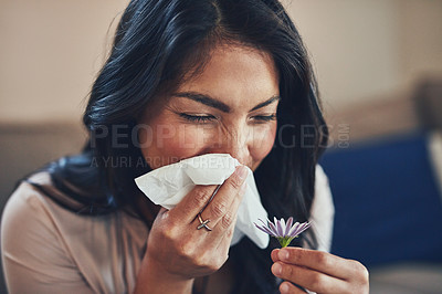 Buy stock photo Shot of a young woman blowing her nose while smelling a flower at home