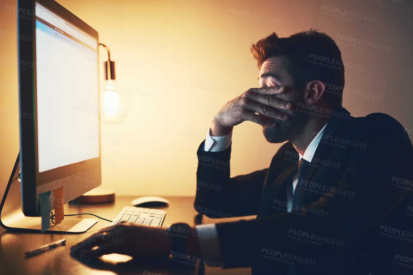 Buy stock photo Tired, businessman and night with computer in stress for financial loss, burnout or overworked at office. Exhausted, man or employee working late with mistake for debt, pressure or bad investment