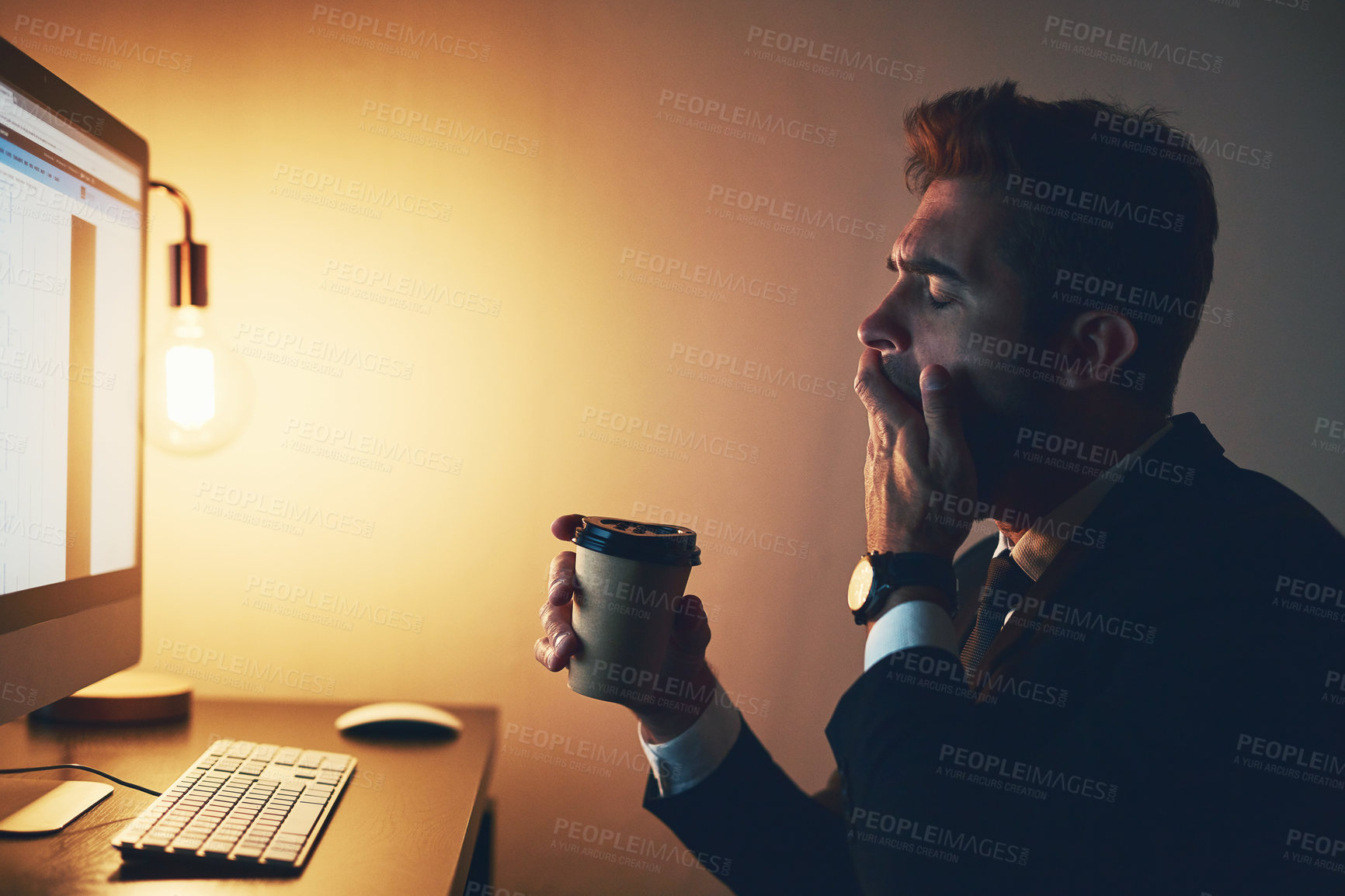 Buy stock photo Tired, businessman and night with coffee or yawn for burnout, overworked or deadline at office. Exhausted, man or employee working late with caffeine in fatigue for overtime, pressure or workaholic