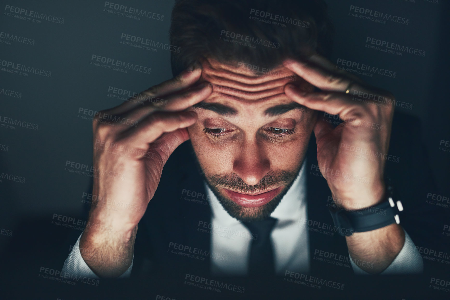 Buy stock photo Businessman, stress and burnout in office at night, mental health and bankrupt or overwhelmed. Male person, professional and frustrated in workplace, deadline and depression or mistake and fail