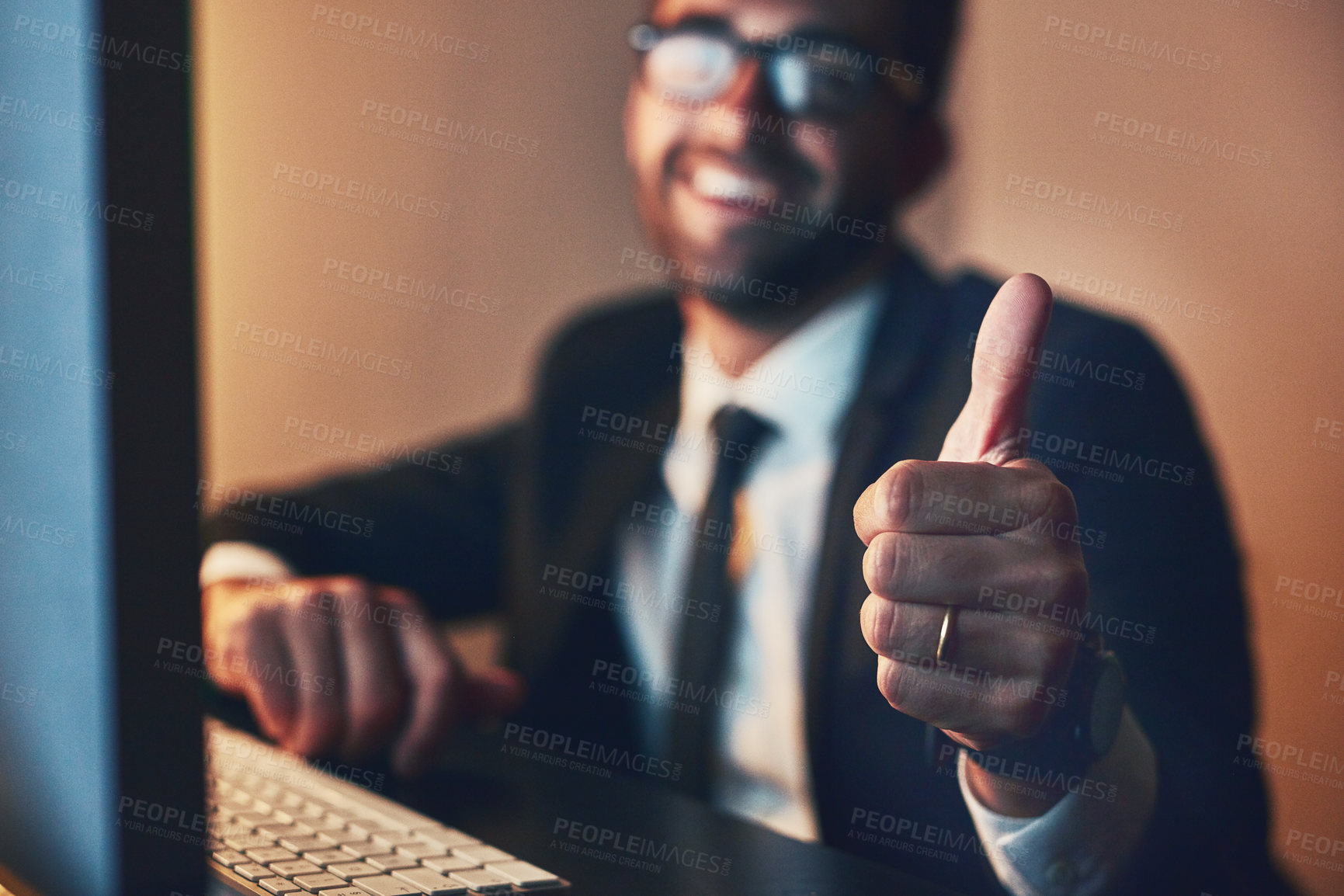 Buy stock photo Happy businessman, night or computer with thumbs up for good investment, productivity or done at office. Closeup, man or employee working late with smile, like emoji or yes sign for job well done