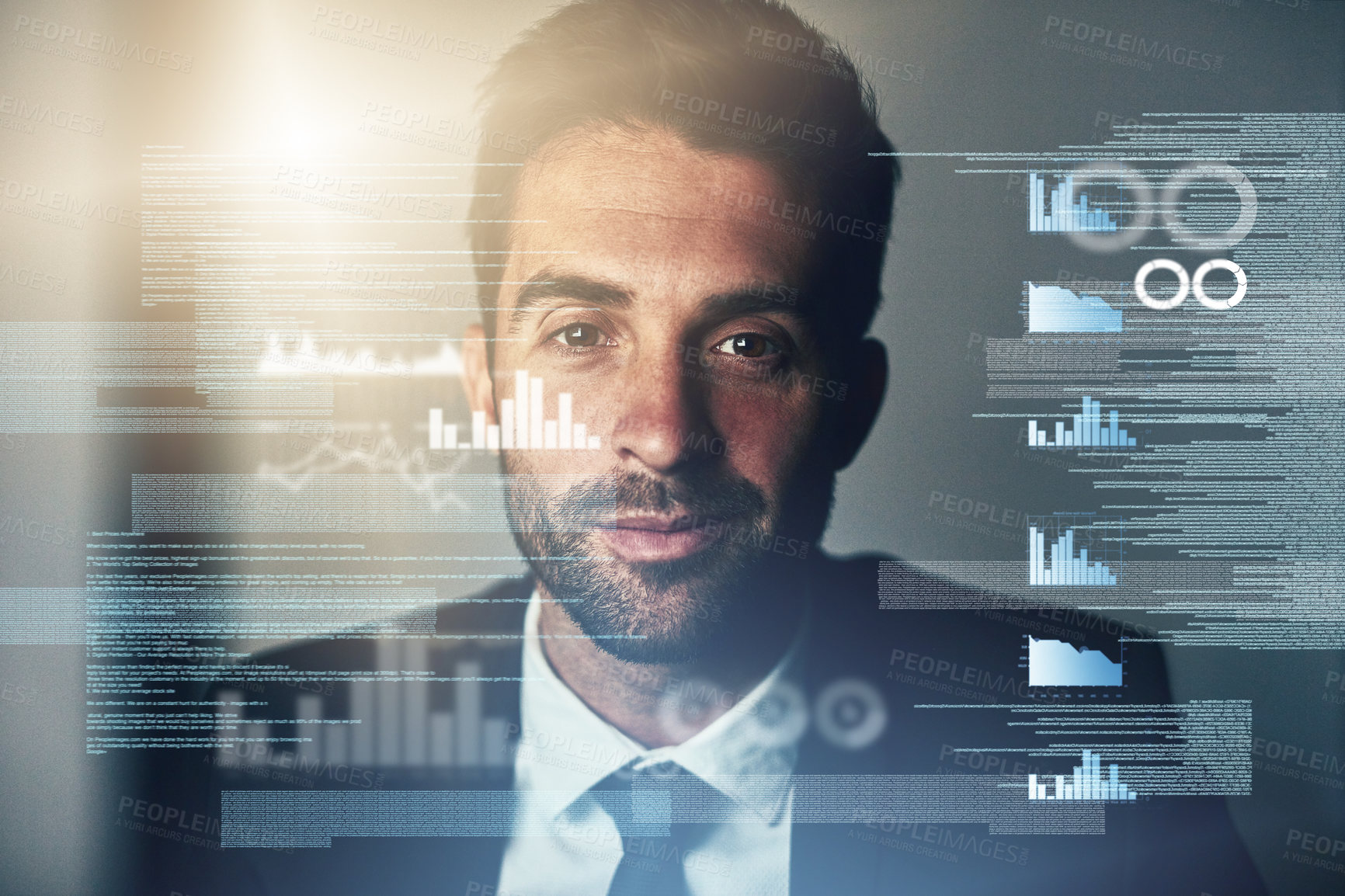 Buy stock photo Cropped portrait of a handsome young businessman coding late in the office