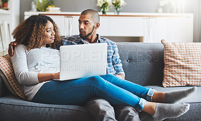 Buy stock photo Relax, laptop and couple on sofa in living room for social media, conversation or browsing internet. Lens flare, married man and woman with pc for discussion, subscription or entertainment in home