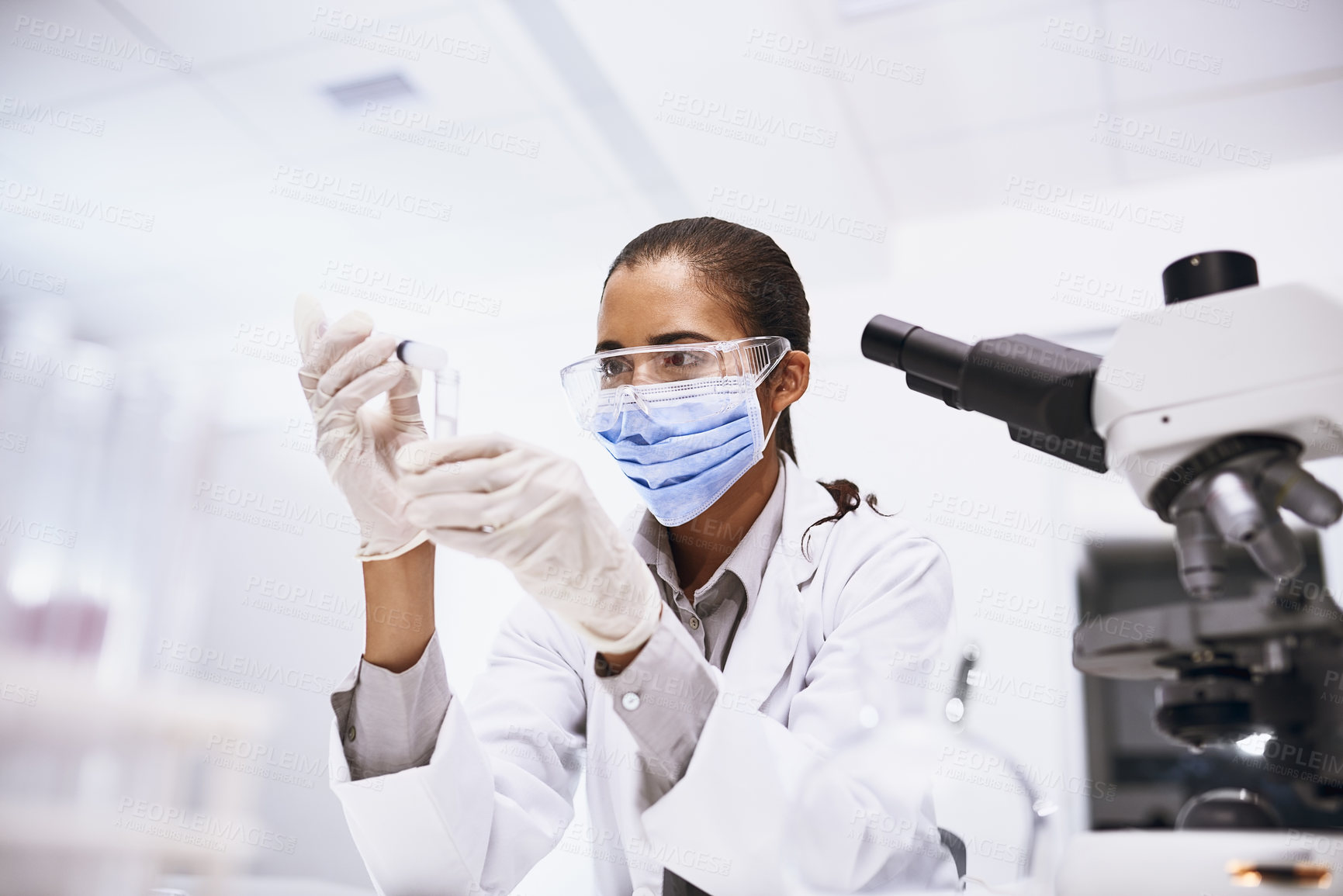 Buy stock photo Scientist woman, test tube and medicine research in lab with chemistry, mask and monkeypox vaccine. Hospital, job and science vial for chemical investigation and working on disease cure at clinic