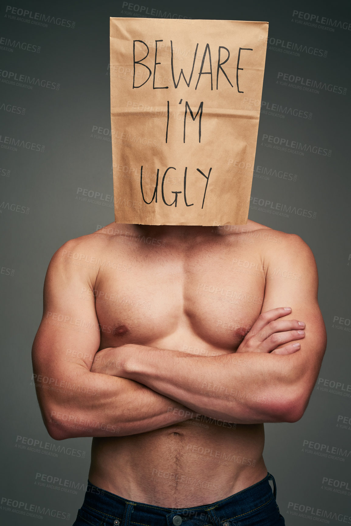Buy stock photo Studio, person and face with paper bag for hide, insecure and criticism of beauty standards with text. Gray background, topless model and cover with message for protection, shy and lack of confidence